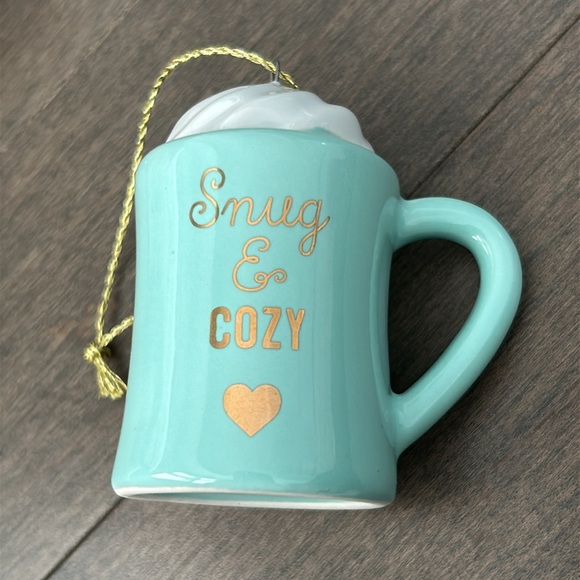 Ceramic Holiday Ornament, Teal Gold Coffee Mug Whipped Cream “Snug & Cozy” Heart - Picture 2 of 6